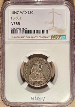 1847 NGC VF35 Liberty Seated Quarter 25c MPD FS-301