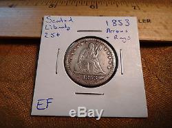 1853 Arrows Rays United States Seated Liberty Silver Quarter 25c Free S&H USA