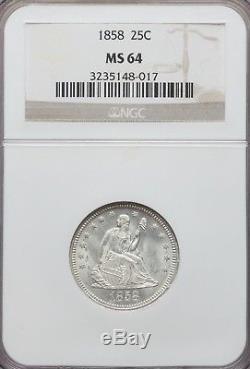 1858 Liberty Seated Silver Quarter Ngc Ms64 Mint State 64 White Blazer