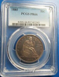 1885 Seated Liberty Half Dollar PCGS PR-66, Rainbow Toning