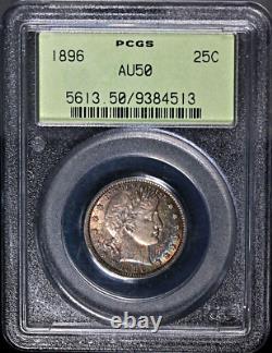 1896 Barber Silver Quarter Pcgs Graded Au 50 Color Toning! Scarce! Free S/h