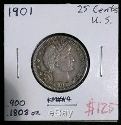 1901 Barber Quarter United States Silver Coin