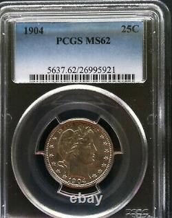 1904 Barber Quarter 25c PCGS Mint State MS 62 White Lustrous Coin