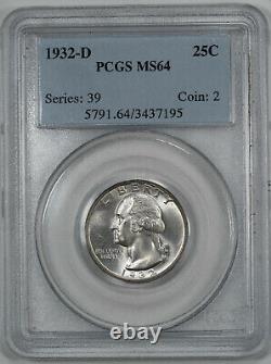 1932 D Washington Quarter 25c Silver Pcgs Certified Ms 64 Mint State Unc (195)