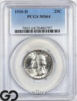 1936-D MS64 Washington Quarter PCGS Mint State 64 Lustrous PQ Better Date