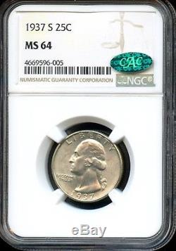 1937 S 25c Ngc Ms 64 Cac (mint State 64) Washington Quarter Sh250