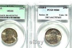 1938- Pcgs O. G. H. Mint State-66,1938-s Pcgs Ms-66, U. S Washington Silver Quarter