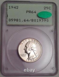 1942 Proof Washington Silver Quarter Dollar PCGS Rattler PR64 CAC Approved
