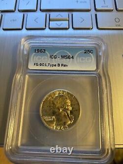 1963 Washington Quarter Type B Reverse Variety FS-901 MS64 ICG LISTS $800.00