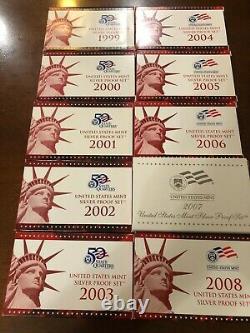 1999-2008 US MINT SILVER PROOF SETS. Complete Mint Sets with US MINT COA'S