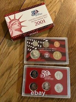1999-2008 US Mint Silver S Proof Sets with State Quarters with COA's
