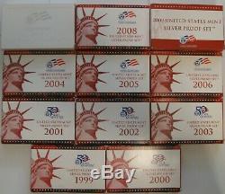 1999-2009 SILVER PROOF SETS COMPLETE WithSTATE & TERRITORIAL QUARTERS BOXES & COA