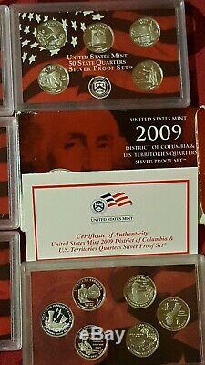 1999 2009 S Silver Proof Sets 50 State Quarters Program Lot Of 11 / Mint Cases