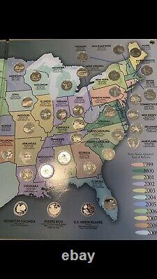 1999-2009 state quarter Complete Silver Proof Set With Wall Map Display