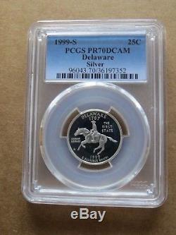 1999-S 25c SILVER Delaware Blue Label PCGS PR70DCAM Quarter Proof Key Date