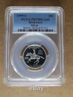 1999-S 25c SILVER Delaware Blue Label PCGS PR70DCAM Quarter Proof Key Date