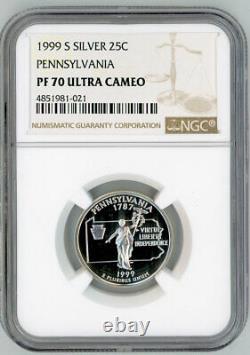 1999-S Silver Proof Pennsylvania 25C NGC PF70 UCAM State Quarter Ultra Cameo