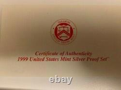 1999 US Mint Silver Proof Set with Box & COA, Inc. First Year State Quarters
