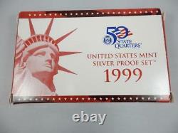 1999 Us Silver Proof Set, Box & Coa, State Quarters, Complete Ogp