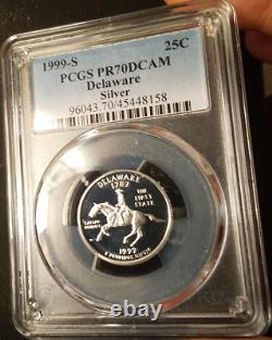 1999-s S25c Silver Washington Delaware Quartr Pcgs Pr70dcam Rare R3 Top Pop
