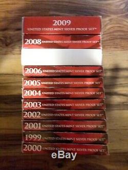 1999 to 2009 silver proof sets with COA and state quarters for each