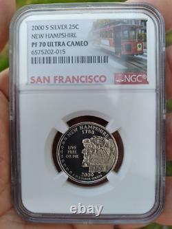 2000 S Silver 25c New Hampshire State Quarter NGC PF 70 Ultra Cameo Top Pop Rare