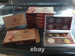 2002 2007 U. S. Mint State Quarters SILVER PROOF SET with OGP Box & COA. (6 Sets)