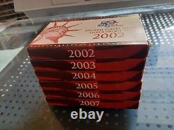 2002 2007 U. S. Mint State Quarters SILVER PROOF SET with OGP Box & COA. (6 Sets)