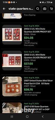 2002 2007 U. S. Mint State Quarters SILVER PROOF SET with OGP Box & COA. (6 Sets)