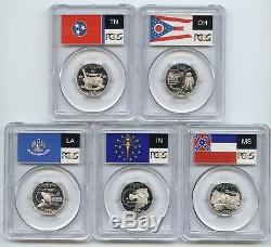 2002-S (IN OH TN LA MS) SILVER PCGS PR70DCAM State Flag Quarter 5 Coin Proof Set