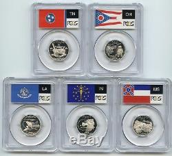 2002-S (Indiana OH TN LA MS) SILVER PCGS PR70DCAM Flag Quarter 5 Coin Proof Set