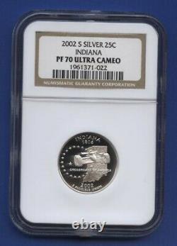 2002 S SILVER 25c INDIANA STATE QUARTER NGC PF70 ULTRA CAMEO BROWN LABEL