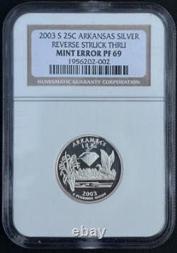 2003 S 25C Arkansas Silver Quarter NGC PF-69, Reverse Struck Thru Mint Error