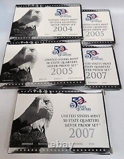 2004 2005(2) 2007(2) Silver Quarter Proof Set U. S. Mint 5 Sets Box and COA