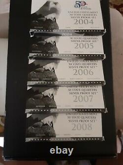 2004-2008 Proof State Quarter Silver 5 coin set (5 sets) box & c. O. A