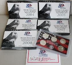 2004-2008 S Proof State Quarter Silver 5 Coin Statehood 5 Sets with Box and COA