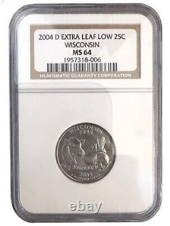 2004-D 25C Wisconsin State Extra LEAF LOW Washington Quarter NGC MS64 Coin 8-006