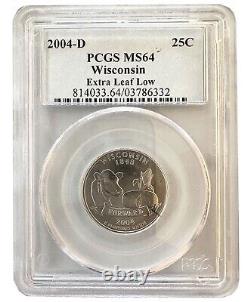 2004-D 25C Wisconsin State Extra LEAF LOW Washington Quarter PCGS MS64 Coin 332