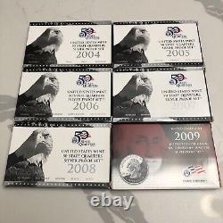 2004 thru 2009 S Proof Silver Quarters 31 Coins 6 Sets WithBox & COA 90% Silver