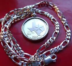 900 SILVER PROOF TEXAS USA Quarter Pendant on 20 Wide ITALY. 925 Silver Chain