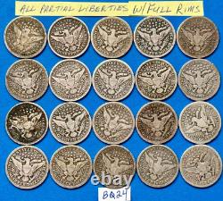 Barber Quarters Lot of 20 Coins with PARTIAL LIBERTIES SILVER QUARTERS #BQ24