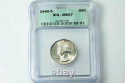 ICG 1940 S MS67 Mint State Washington 90% Silver Quarter (NUM2968)