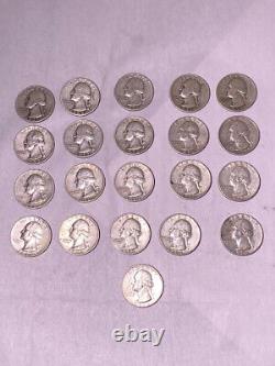 Lot of 21 Washington Quarters 90% Silver Circulated, 1941-1964, BNT601