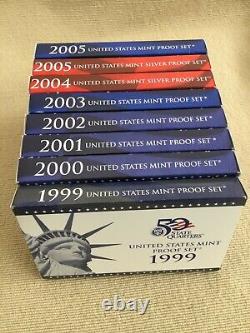 Lot of 8 Sets. 1999-2005. US MINT 50 PROOF SETS with STATE QUARTERS. OGP with COA, BOX