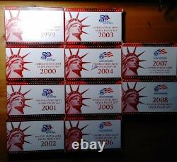 Set of 10 U. S. 90% Silver Proof Sets 1999 to 2008 Includes All 50 State Quarters