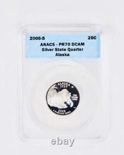 Set of 5 2008-S Proof Silver State Quarter ANACS PR70 DCAM Deep Cameo 25c