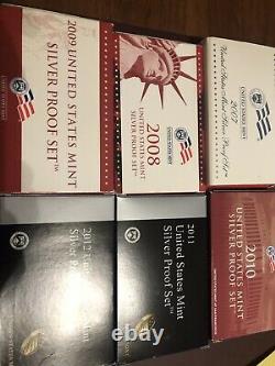 Silver Proof Coin US Mint 2007 2012 Sets in Original Boxes Lot of 6 Nice
