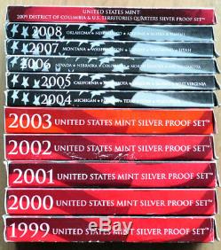 USA Silver Proof S State Quarters Set 1999 to 2008 + 2009 WithBox & COA 80 Coins