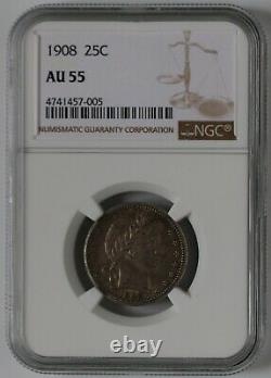 United States 25C 1908 Barber Quarter NGC AU-55 Silver Coin